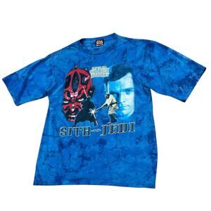 Vintage 90s Star Wars Episode I T-Shirt Sith vs Jedi Tie-Dye Blue Graphic Tee -
